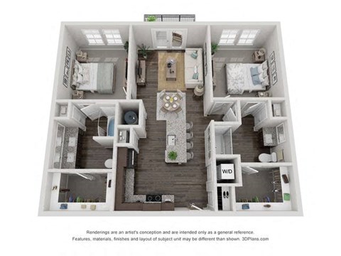 Floor plan for 2 beds, 2 baths, 1047 sqft